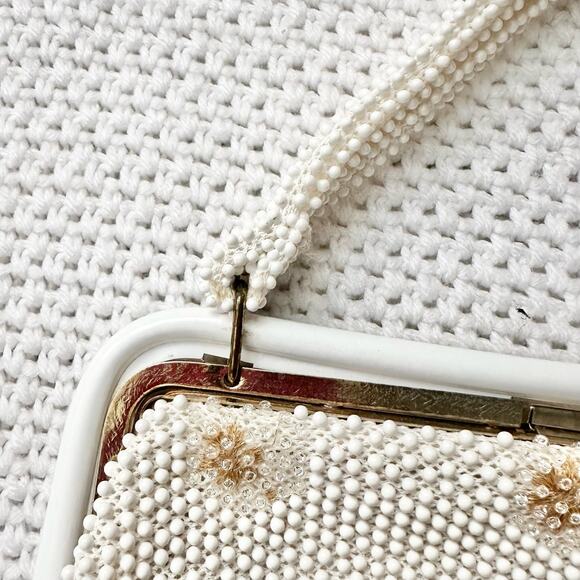 Vintage Corde Bead Bridal Snowflake Winter White Gold Clasp Top Handle Bag - Picture 10 of 13